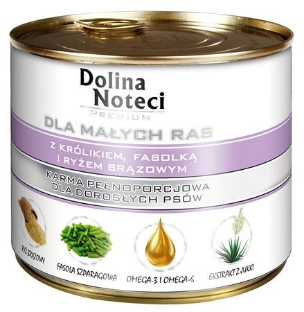 Dolina Noteci Premium Pies Mały Królik, fasolka i ryż brązowy puszka 185g Dolina Noteci Premium Pies Mały Królik, fasolka i ryż brązowy puszka 185g